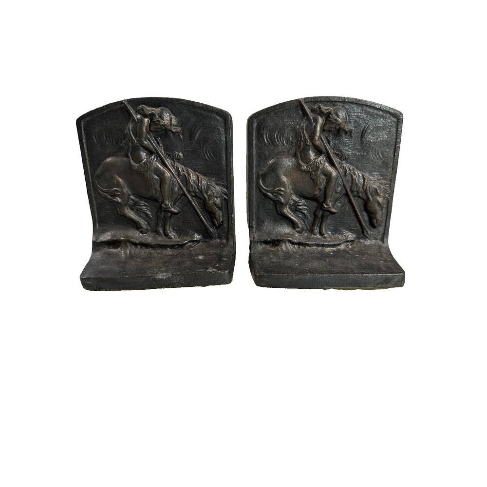 Bronze Brass Hand Hammered End of Trail Indian On Horse Pair Bookends Vintage